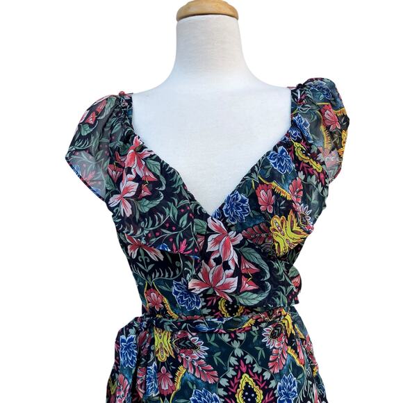 Rebecca Minkoff Midi Dress Med NWT Floral Chiffon True Wrap Ruffled Boho Coastal - Picture 2 of 16